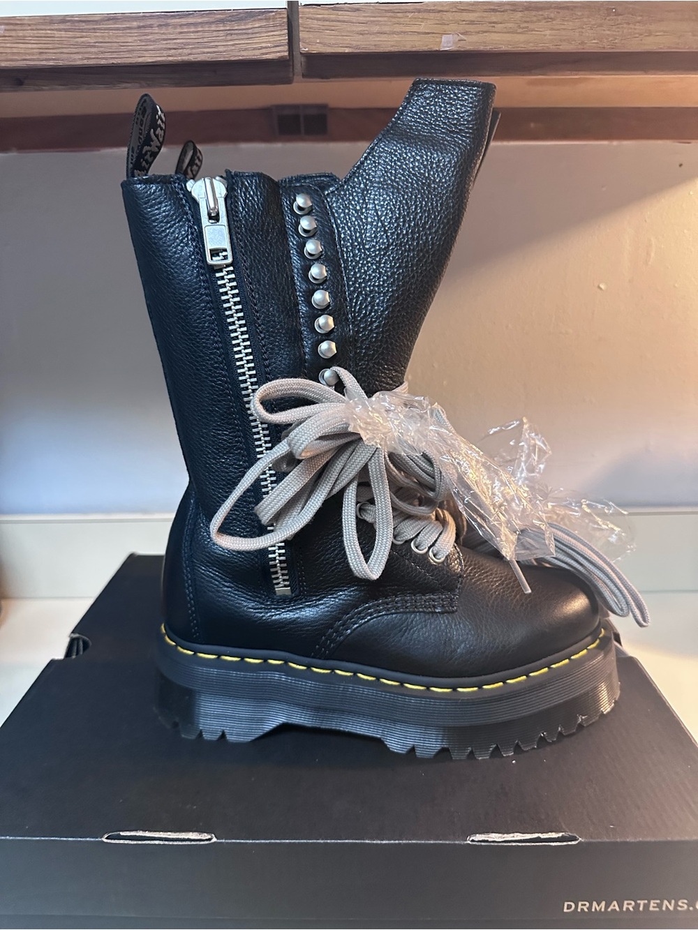 Dr. Martens Black Leather Platform Lace-Up Boots with Yellow Stitching - Picture 2 of 8